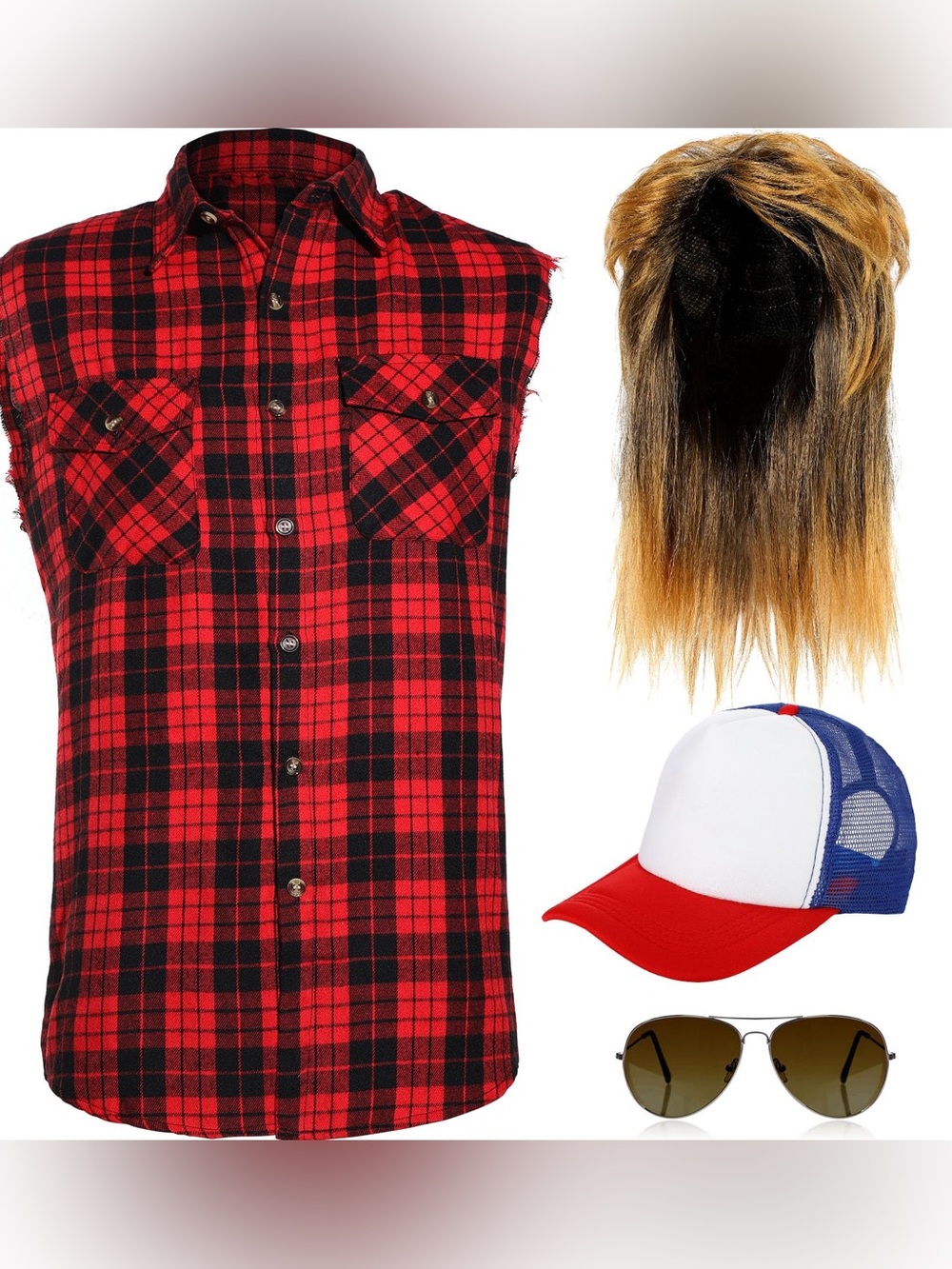 Joe Dirt Costume Men’s Size XXL Halloween Cosplay Shirt Wig Hat Sunglasses